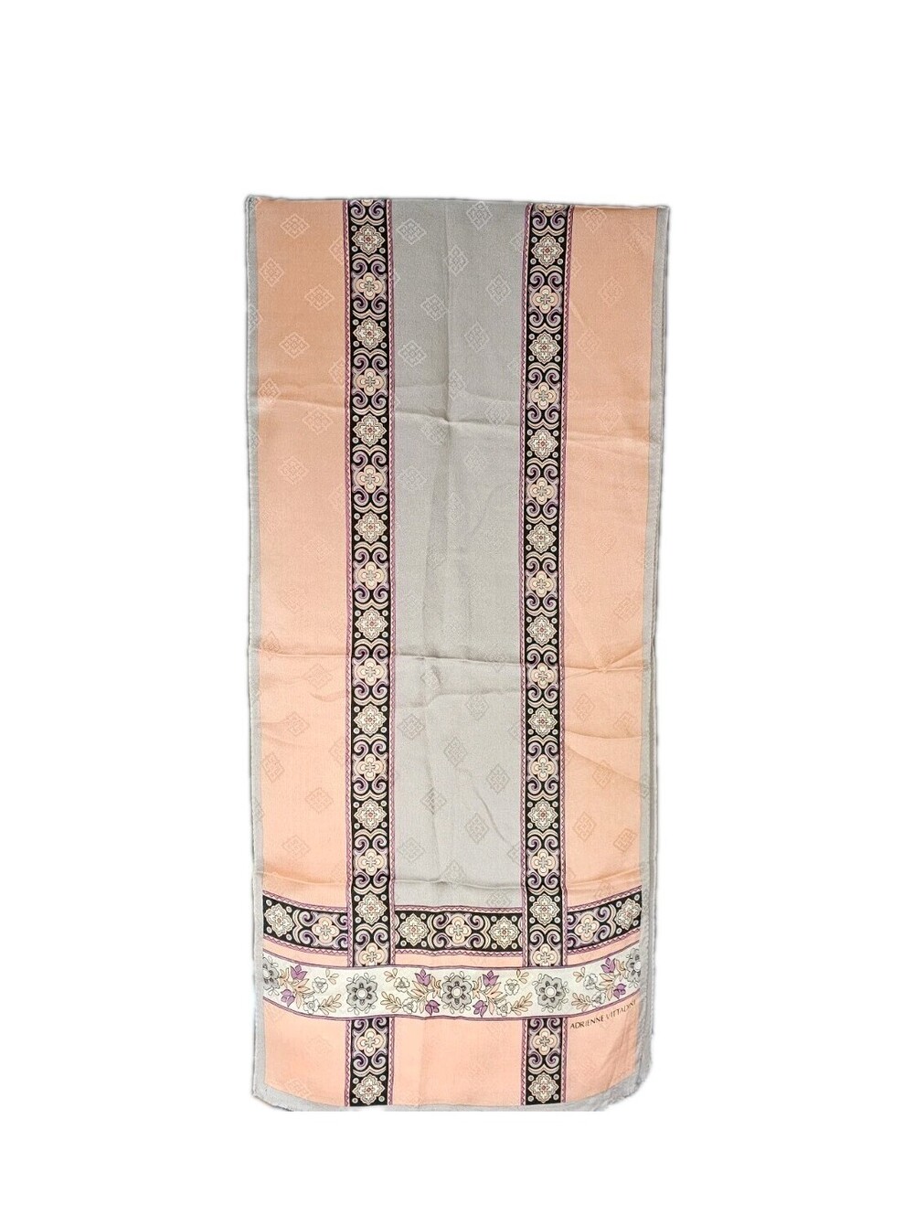 Adrienne Vittadini Silk Scarf Peach Gray Floral Geometric Oblong 14x62 Vintage - Picture 2 of 6